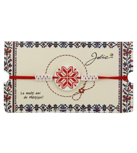 Martisor Traditional Bratara Norocoasa, Jolie, Model Rotund cu Port Traditional, Bratara Martisor pentru Copii, din Plastic/Textil, Snur Alb/Rosu