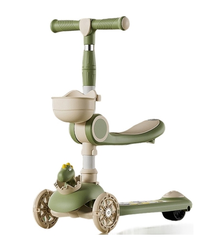 Trotineta Multifunctionala 3 in 1, Flippy, pentru Copii, 1-7 Ani, cu Lumini si Muzica, Reglabil 360, Pliere Usoara, Reglarea Inaltimii, Model Dinozaur, Bej/Verde