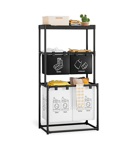 Cos de Rufe, Flippy, 3 Rafturi, 4 Cosuri, Cadru de Otel Inoxidabil, 123x44x57 cm, Negru