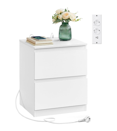 VASAGLE Noptiera Kailyn cu 2 sertare, 2 prize integrate si 2 porturi USB, 40x35x49 cm, alb