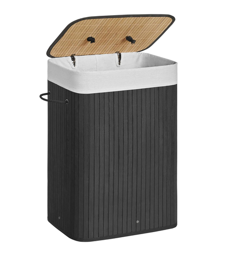 SONGMICS Cos de rufe din bambus, pliabil, cu captuseala detasabila lavabila, 72L, 40x30x60cm, negru