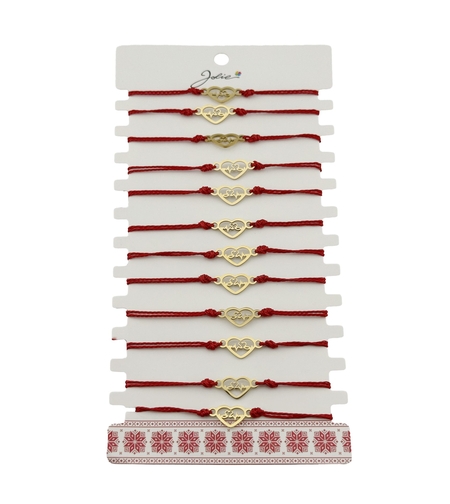 Bratara Martisor pentru Dama, Jolie, Model Inima, Set 12 bucati, Pandativ din Inox Auriu, Snur Ajustabil Impletit, Rosu
