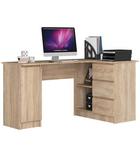 Birou colt dreapta in L cu 3 sertare si rafturi, PAL laminat 16 mm, 155x85x77 cm, stejar sonoma