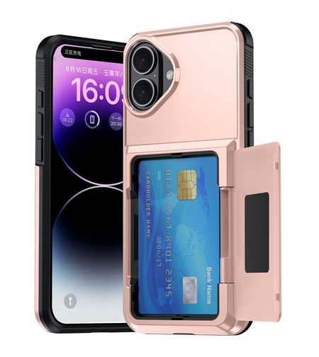 Husa de Protectie compatibila Apple iPhone 17, Vafy, Compartiment pentru Carduri, Anti-alunecare, Protectie PC, Rezistenta la Zgirieturi, Rose Gold