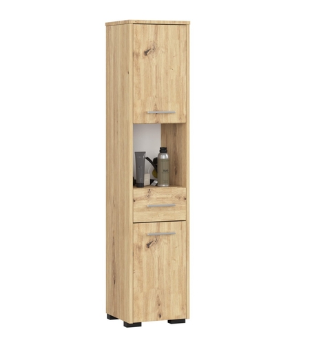Dulap baie tip coloana cu 2 usi, 1 sertar si rafturi interioare, PAL laminat, 30x30x140 cm, stejar artisan