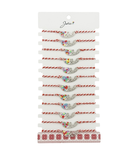 Bratara Martisor pentru Dama, Jolie, Model Inima LOVE, Set 12 bucati, Pandativ Argintiu din Inox cu Elemente Multicolore, Snur Alb/Rosu