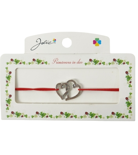 Martisor Bratara cu 2 Noduri Elastica, Jolie, Snur Rosu, Model Doua Inimi