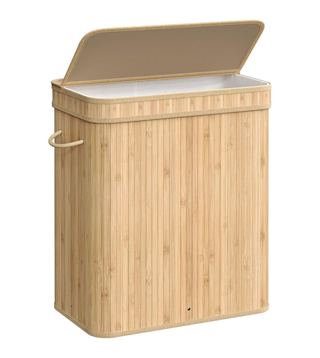 SONGMICS Cos de rufe din bambus cu capac 100L, sac textil detasabil, 55x35x61 cm, bej natur