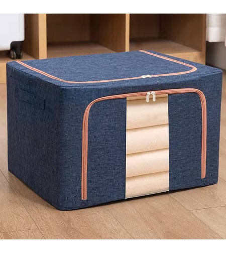 Cutie de Depozitare Pliabila, Flippy, 66 L, din Bumbac si In, 50x40x33 cm, Fereastra Frontala, 2 Usi de Acces cu Fermoar Bidirectional, Cadru Metalic, Suport Baza Stabil din Plastic, Albastru Marin