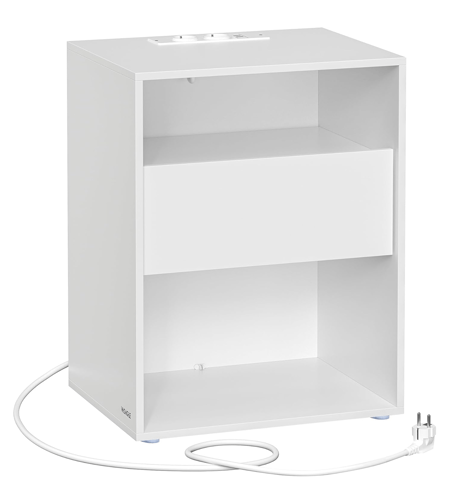 VASAGLE Noptiera cu sertar si statie de incarcare, 2 prize, 2 porturi USB, 45x35x58 cm, alb