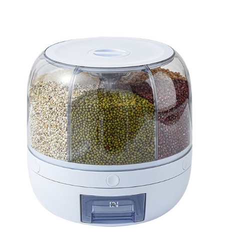 Dozator de cereale Flippy, rotativ 360, 6 compartimente, capacitate 3 L, rezistent la umezeala, inchidere etansa, alb