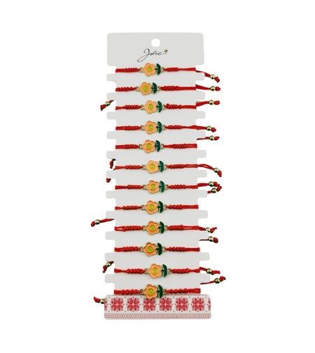 Martisor Bratara pentru Dama si Copii, Jolie, Model Floricica Zambitoare, Set 12 bucati, Pandantiv Emailat, Snur Reglabil, Rosu/Portocaliu