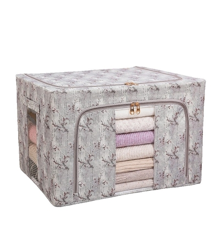 Cutie Depozitare, Vafy, 66L, din Material Textil, 50 x 40 x 33 cm, pentru Haine si Lenjerii, Model Flori de Primavara, Gri