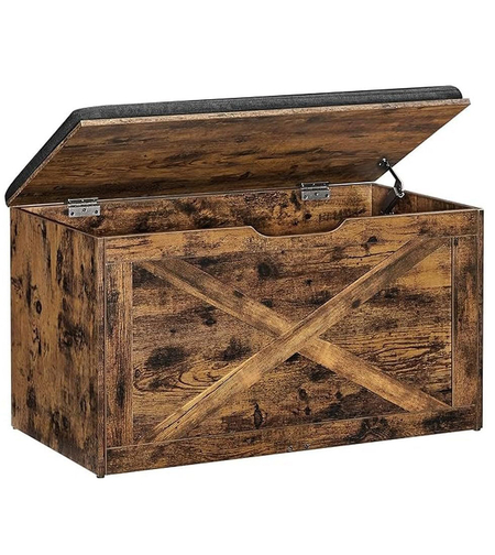 VASAGLE Banca pentru pantofi cu perna, tip cufar de depozitare, stil hambar, 76x40x48cm, maro rustic
