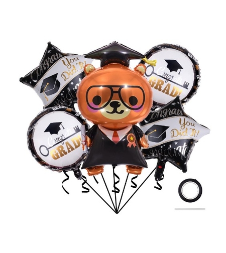 Baloane cu tematica Absolvire, Flippy, set din 5 baloane, 1 Figurina Ursulet, 2 stele, 2 rotunde, din folie de aluminiu, 70 x 40 cm, Aer si Heliu, Alb Negru