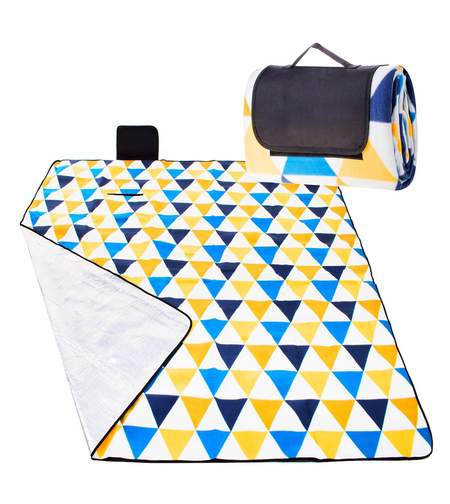 Patura pentru picnic sau plaja, cu folie izolatoare si maner, 200x200cm, albastru galben