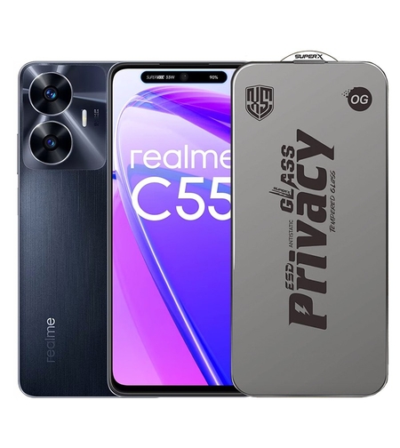 Folie de Protectie pentru Realme C55, Vafy, Sticla Securizata ESD Antistatica, Super-X Privacy OG, Margini Negre, 0.30 mm, Transparent Inchis