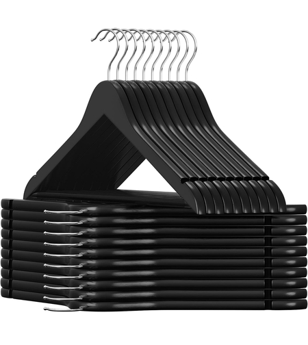 SONGMICS Umerase haine 45x23 cm, set 20 buc, lemn masiv cu bara pentru pantaloni si carlig rotativ, negru