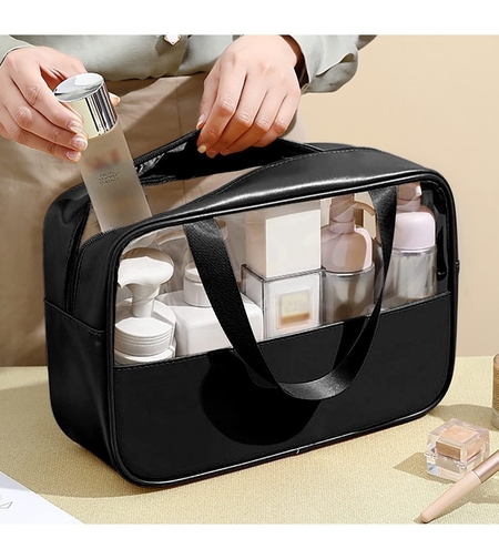 Geanta cosmetice Flippy, pentru voiaj sau organizare, material PVC/textil, impermeabila, portabila, 26 x 15 x 10 cm, negru