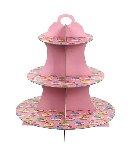Suport Prajituri, Vafy, 3 Etaje, Design de Petrecere, pentru Prajituri, Candy Bar, din Carton, Roz/Multicolor