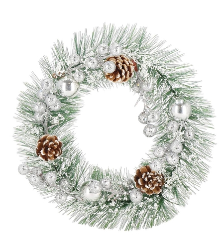 Coronita pentru Craciun, 24 cm, din brad artificial, cu conuri si zapada, verde