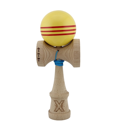 Kendama X Originala, Profesionala, Flippy, Big Cups V2, Super Sticky Legendary Cupe Mari, Rulment Metalic cu Ata 55 cm, Galben/Linii Rosii