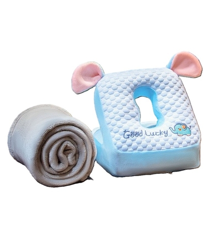 Set 2in1 Patura Microfibra si Perna din Spuma, Vafy, pentru Birou, Calatorii, Pauze, Model Elefant, Microfibra, 1x1.7 m, 30x35x30 cm, Albastru