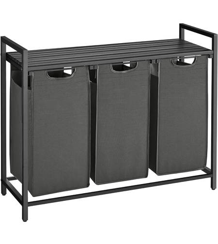 VASAGLE Cos de rufe, 3 compartimente, saci de rufe detasabili, raft, cadru metalic, 3x38L, 93x33x72 cm, negru