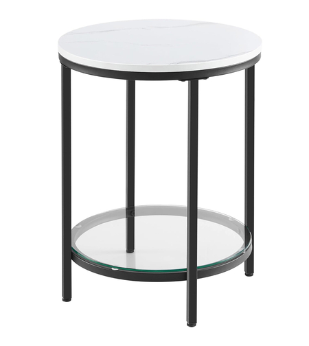 VASAGLE Masa rotunda, cu cadru de otel, noptiera, 45x55cm, negru cu blat alb aspect marmura