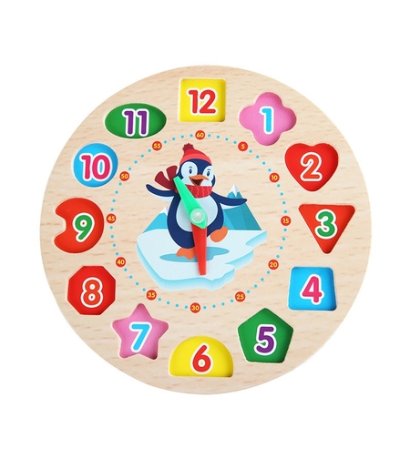 Jucarie Educativa Flippy, Tip Montessori, Model Ceas Pinguin, din Lemn, + 36 Luni, 12 Piese, 17.2 cm, Multicolor