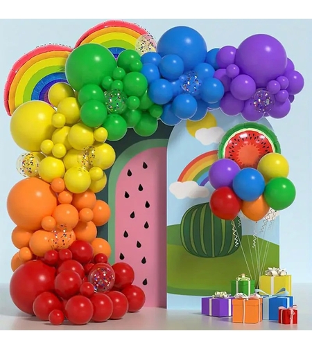 Baloane decorative pentru PETRECERE, Flippy, Arcada Set MIX din 107 baloane, pentru Evenimente, Aniversari, Model Curcubeu, Rainbow, Multicolor