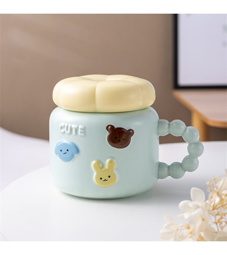 Cana pentru Copii, Flippy, din Portelan, print Figurine Animalute, Model CUTE, Cana cu Capac, Ceasca pentru Cafea, Ceai, 400ml Albastru deschis