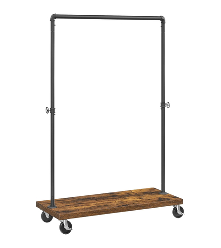 VASAGLE Suport haine cu bara metalica si raft inferior, cadru metalic si PAL, stil industrial, 104x40x162 cm, maro rustic si negru