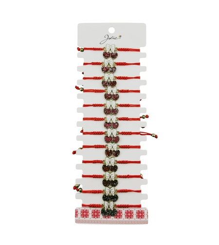 Martisor Bratara pentru Dama si Copii, Jolie, Model Cirese cu Fundita si Sclipici, Set 12 bucati, Pandantiv Emailat, Snur Reglabil, Rosu/Alb