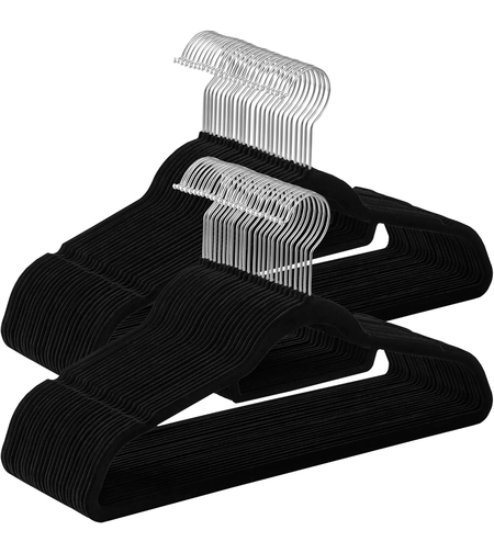 SONGMICS Set de 50 de umerase pentru haine, anti-alunecare cu catifea, bara de cravata si carlig pivotant, 43,5 cm, negru