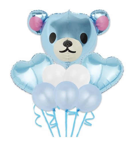 Set Baloane Aniversare, Vafy, set din 8 bucati, 1 bucata urs mare, 2 inimi folie, 5 simple din latex Baby Boy, 60 cm Albastru