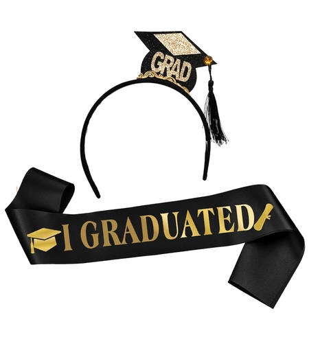 Set din 2 Piese pentru Absolvire, Flippy, Panglica si Coronita, Model I Graduated, Negru