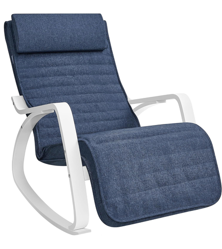 SONGMICS Scaun balansoar din lemn, suport picioare reglabil, maxim 150kg, 67x122x84 cm, albastru