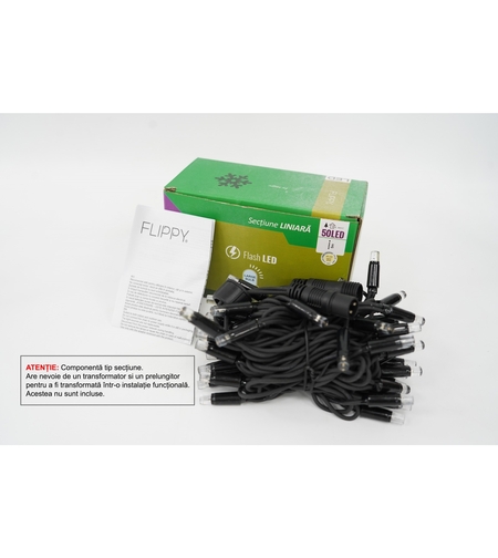 Sectiune Instalatie de Craciun Vafy Tip Liniara, cu Flash, 5 m, 50 LED-uri, Interconectabila, Fir Negru, Alb-Cald