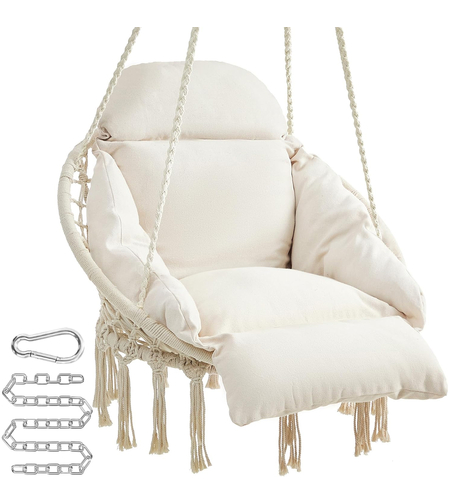 SONGMICS Scaun suspendat tip hamac cu perna groasa, stil scandinav, cadru metalic, include lant si carabiniera, 120 kg, crem