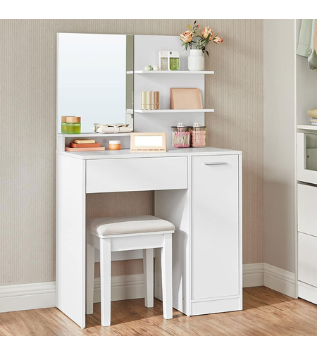VASAGLE Masuta de toaleta cu oglinda, dulap si sertar pentru cosmetice, 80x40x132cm, alb