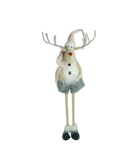 Ornament de Craciun ren cu picioare telescopice, Flippy, gri/alb, textil, 100 cm
