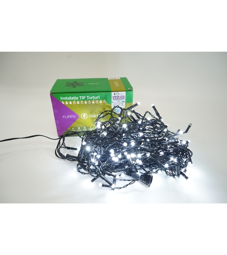 Instalatie de Craciun Flippy® Tip Turturi, Franjuri cu Flash, Sectiune 4 m, 132 LED-uri, Interconectabila, Fir Negru, Alb Rece