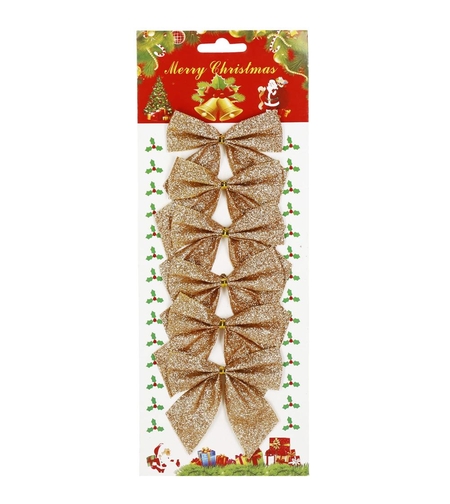Set 6 ornamente pentru bradul de Craciun, fundita, 8cm, auriu