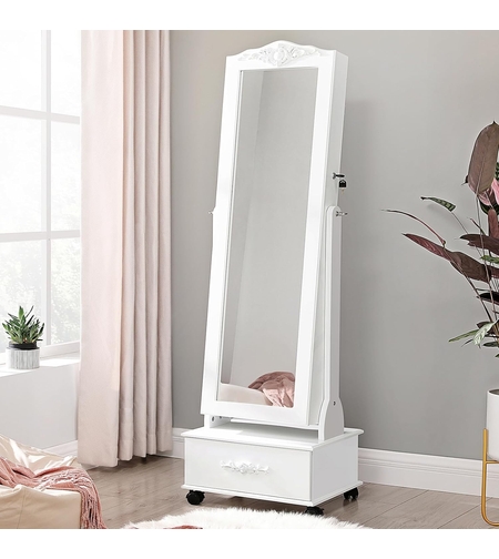 SONGMICS Oglinda de podea cu dulap depozitare bijuterii, iluminare LED si roti, cu cheie, 35x45x156 cm, alb