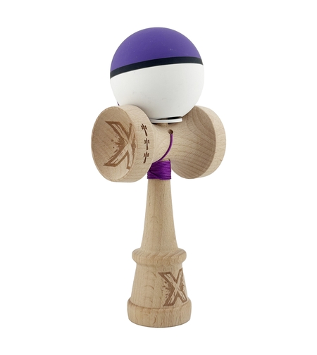 Kendama X Originala, Profesionala, Flippy, Cupe Mari KING SIZE V3, Rubber Grip, Gaura in Baza, Rulment Metalic, din lemn 18 cm, Ata 62/65 cm, S Bicolor Mov/Alb