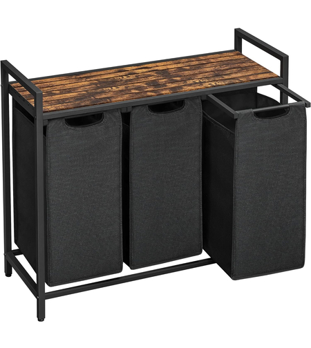 VASAGLE Cos de rufe, 3 compartimente, saci de rufe detasabili, raft, cadru metalic, 3x38L, 93x33x72 cm, maro rustic si negru