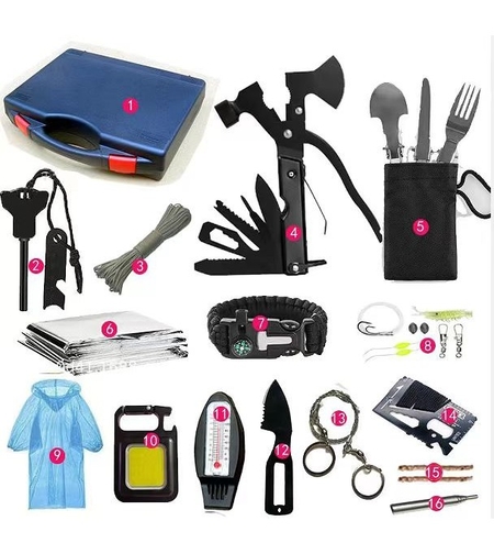 Kit Supravietuire Multifunctional Vafy, Instrumente Profesionale, Sub Forma de Trusa, pentru Camping, Drumetii si Aventuri in Aer Liber, Albastru