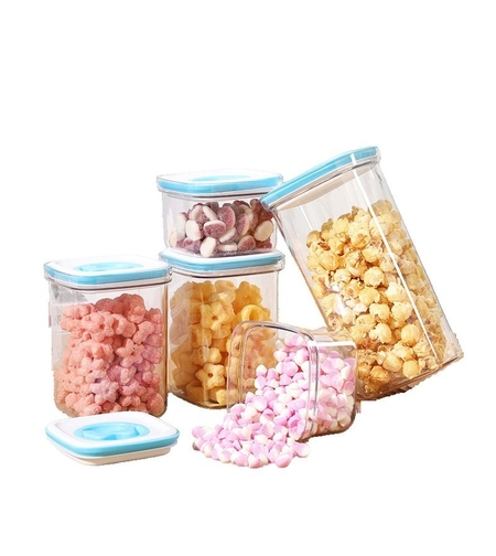 Set 5 Cutii de Depozitare pentru Bucatarie, Flippy, 2 x 600ml, 2 x 1.3L, 1 x 2L, din ABS+PET+Silicon, Capac Alb/Albastru, 23 x 10 x 10 cm, Transparent