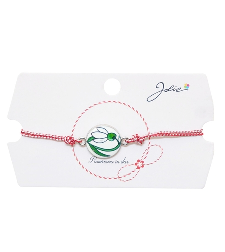 Martisor tip Bratara Traditionala cu Pandantiv, Jolie, Model Ghiocel, Snur Impletit Alb/Rosu, Dimensiune Pandativ Aprox 2 cm, Ambalaj cu Design